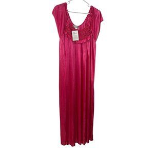 EZI Womens Long Satin Nightgown Plus 4X  Bright Pink Rosette Ruffle Feminine NWT